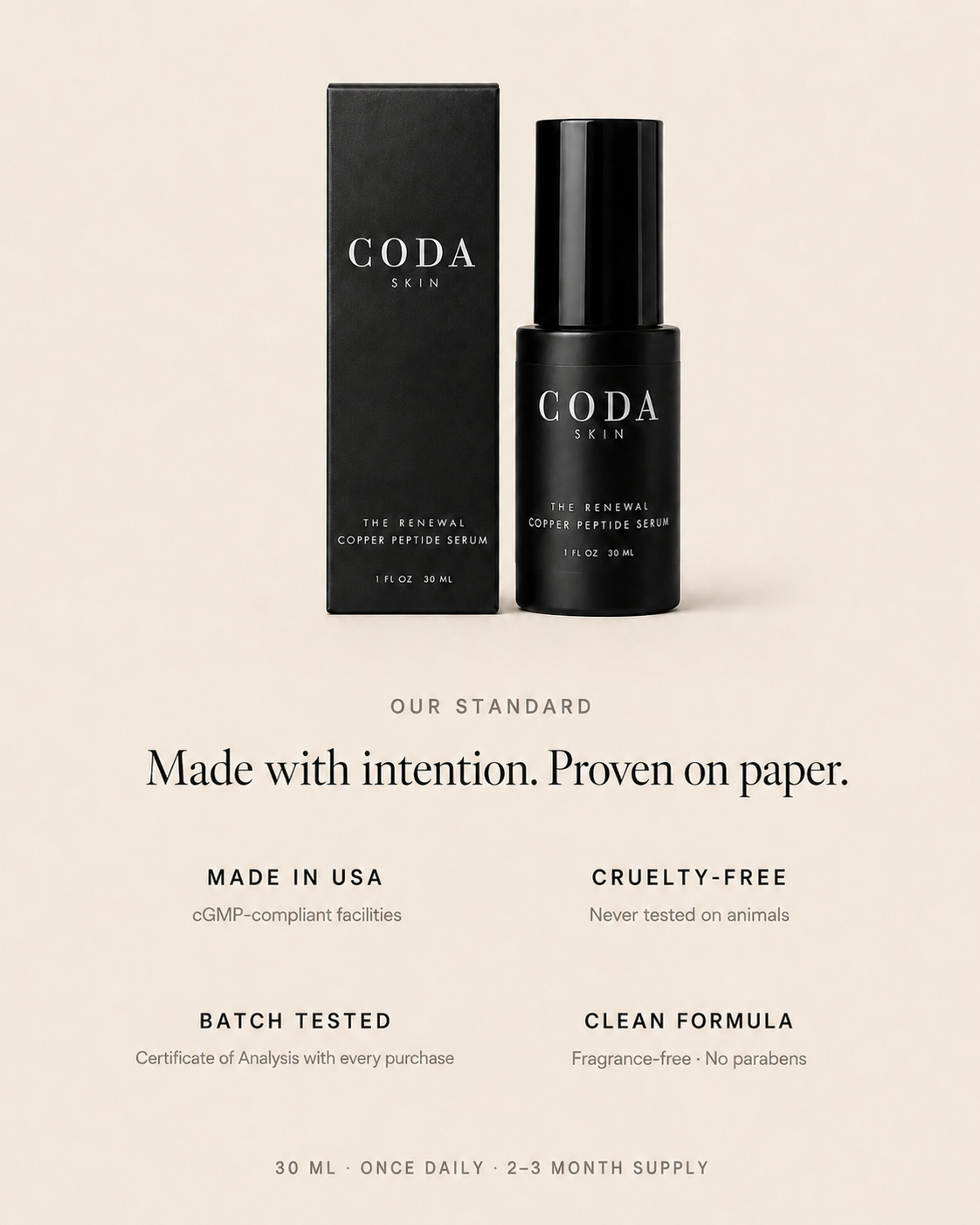 Made in USA, cruelty-free, batch tested — CODA SKIN standards