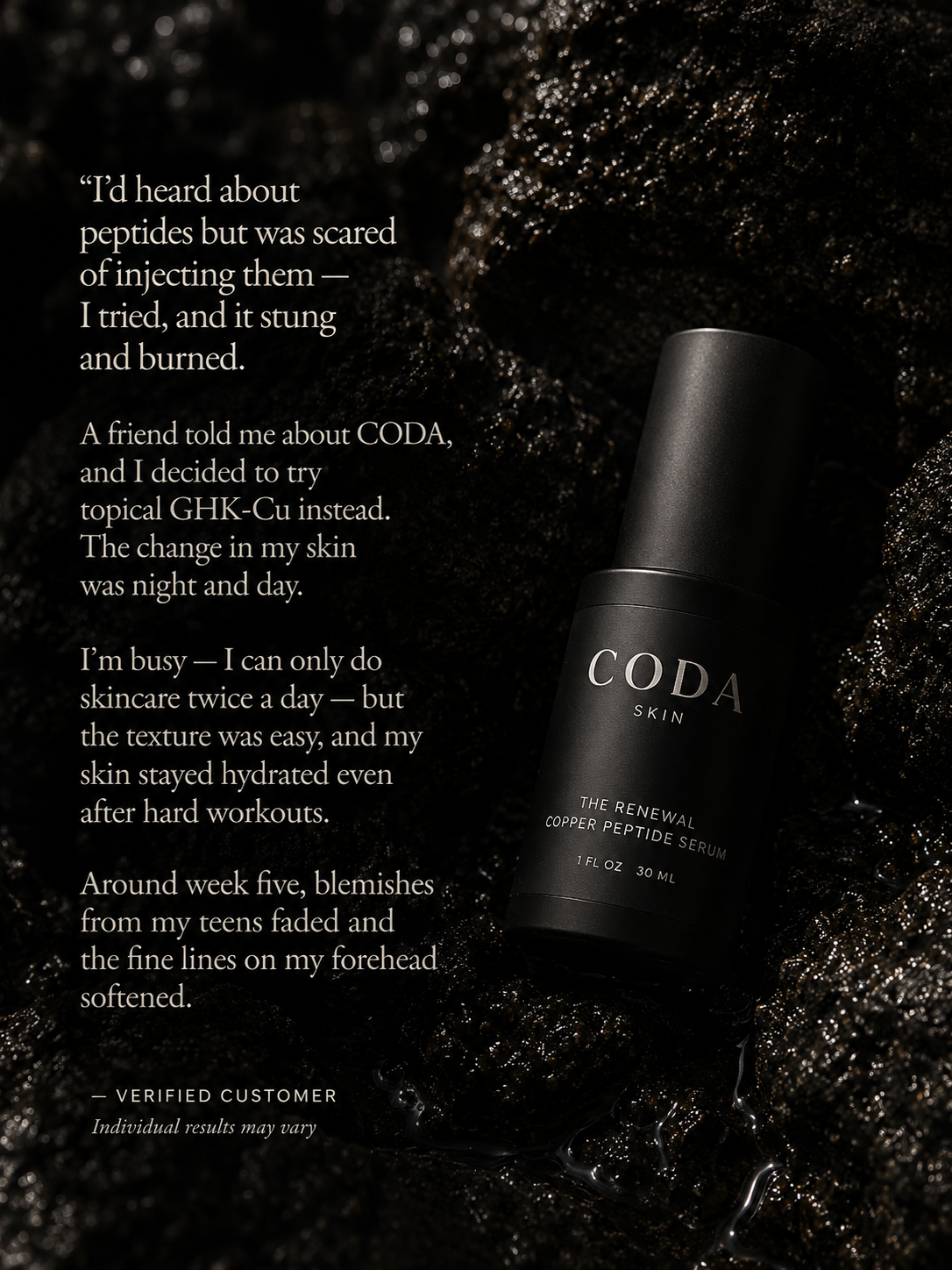 Customer testimonial for CODA SKIN copper peptide serum